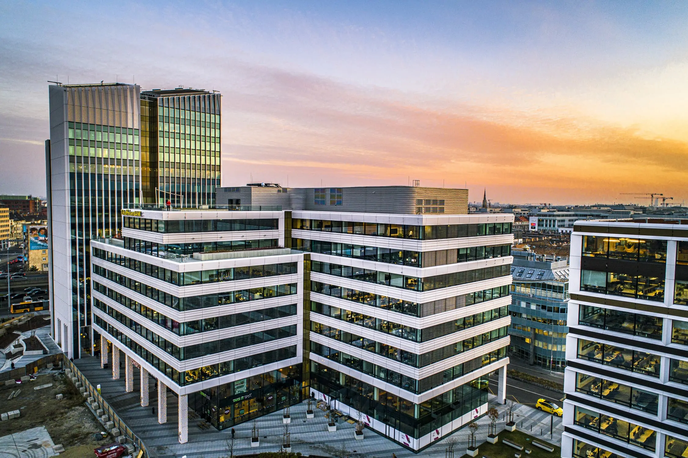 Agora Budapest, a contemporary office and business district at sunset