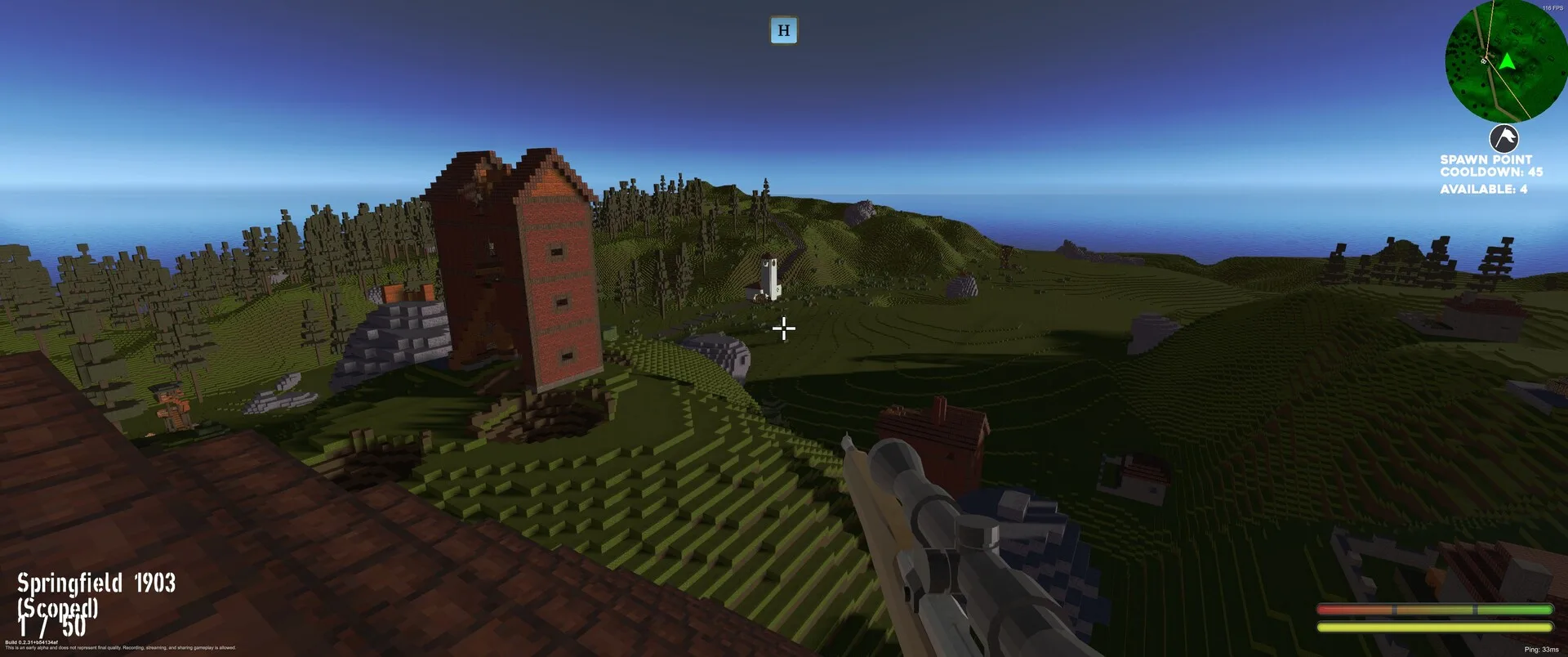 A Bad Goons player aiming toward a brick tower across voxel terrain