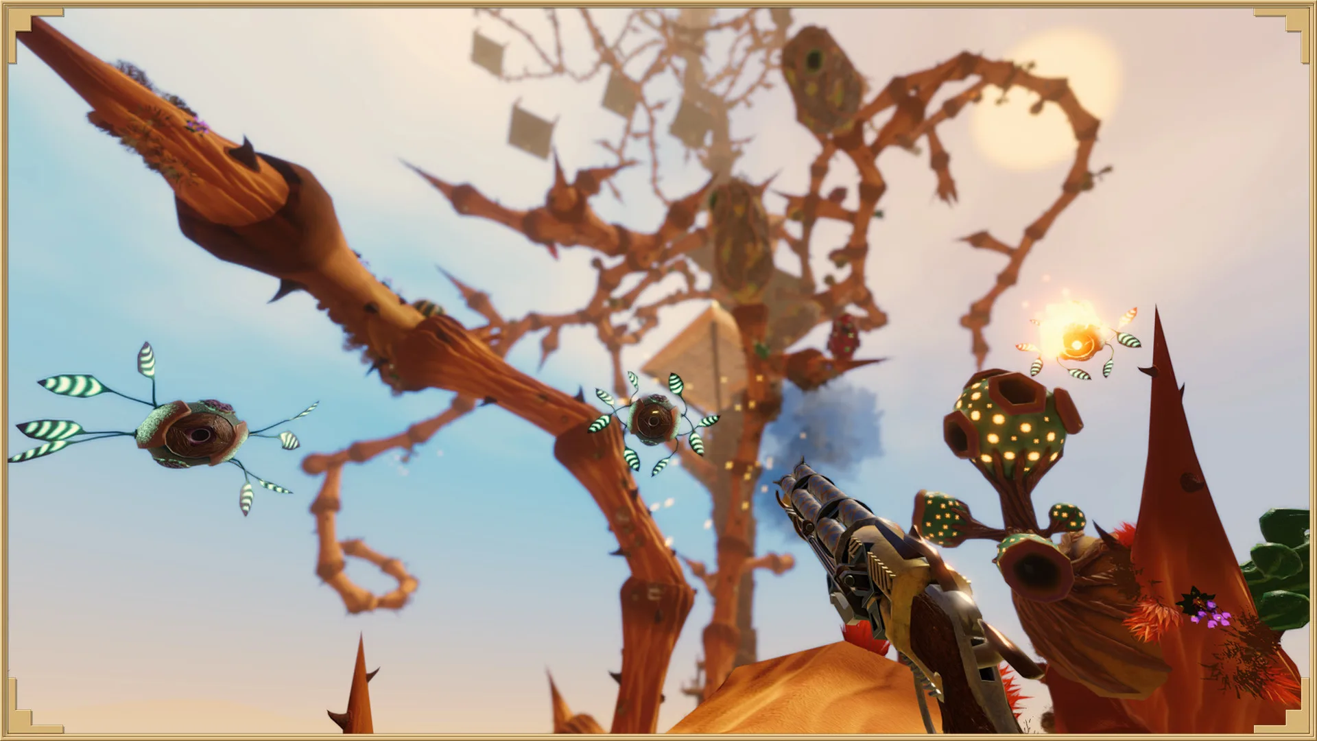 A player climbing the giant procedural beanstalk with a crossbow in VR
